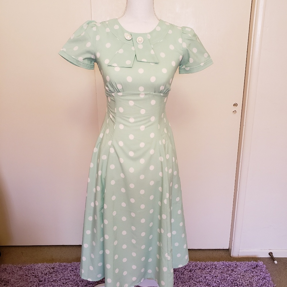 Hell Bunny Polka Dot Mint Green Swing Dress XS